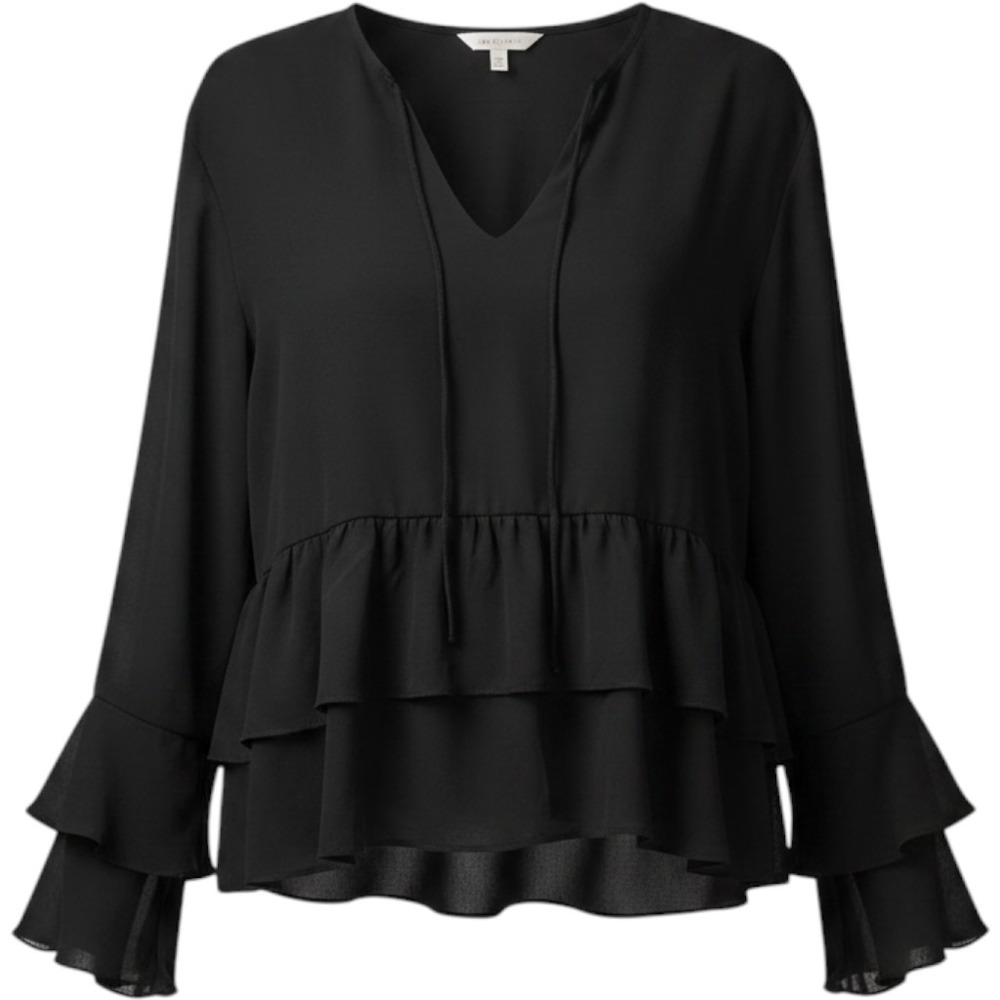 H&M Divided Black Chiffon Tiered Peplum Blouse Tie Neck Ruffle Cuff Small NEW